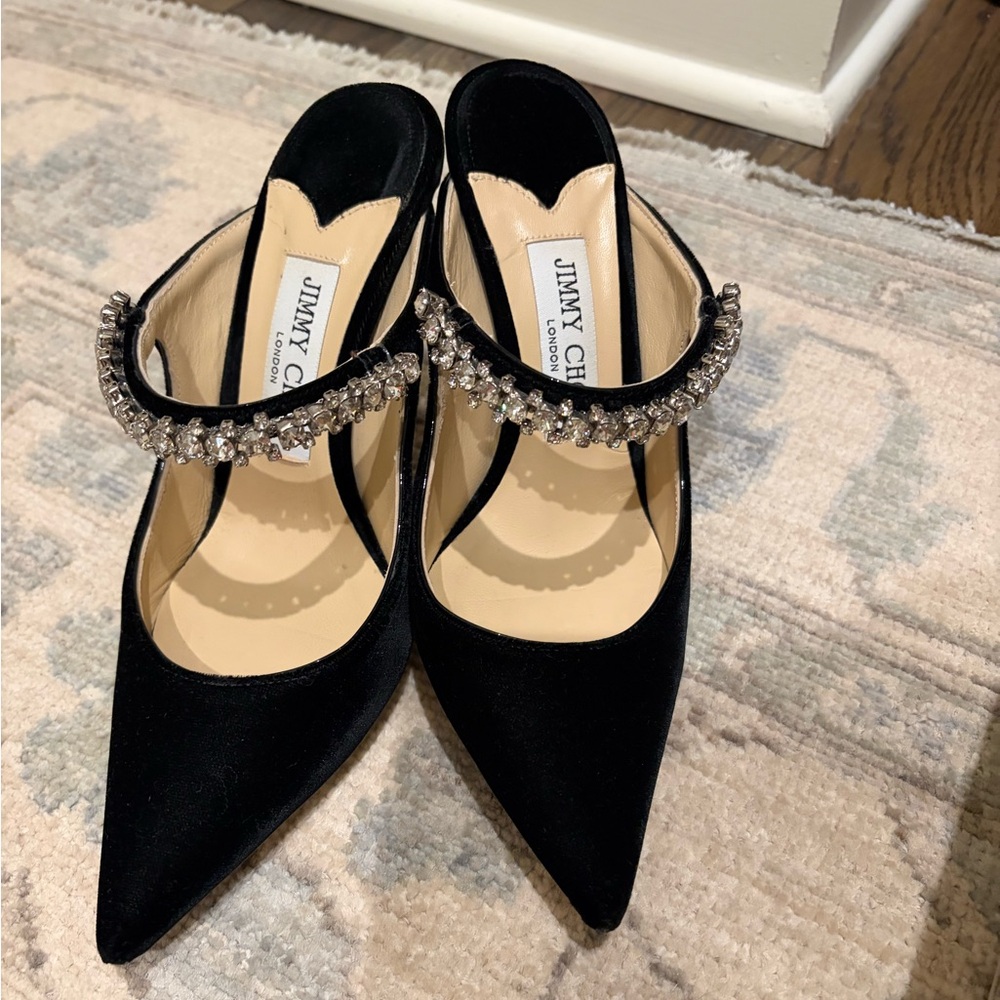 Jimmy Choo Bing 100 Velvet- Black Heels with Crystal Embellishments